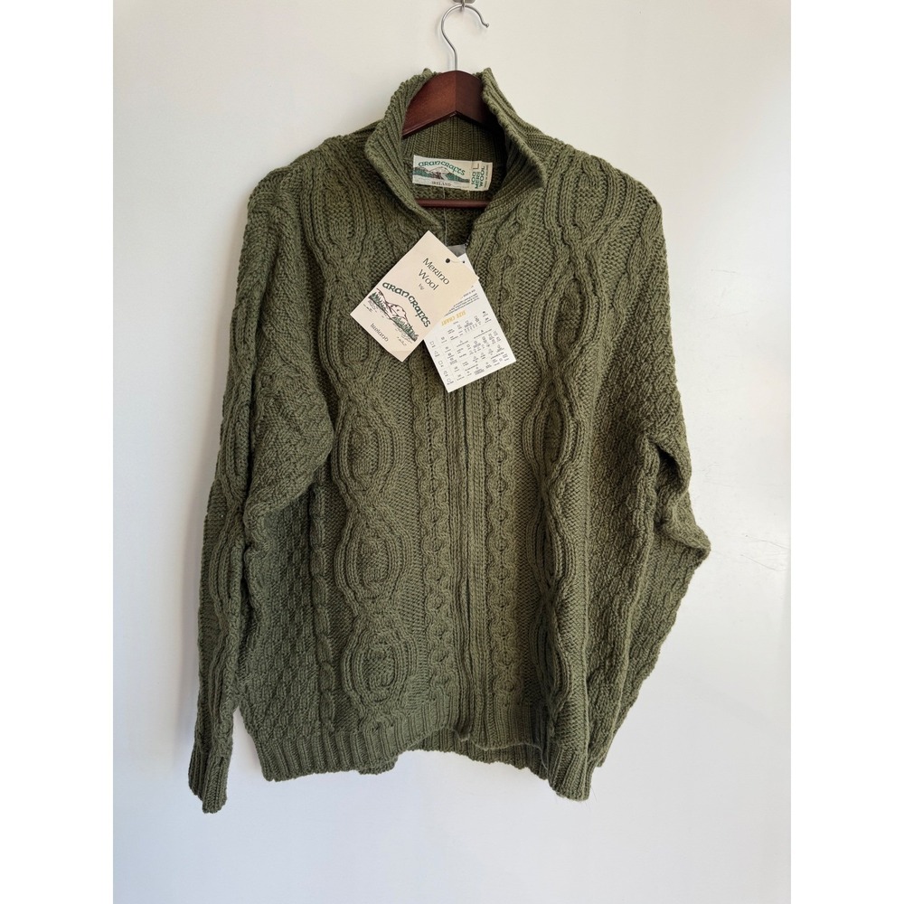 Aran Crafts Merino Wool Full Zip Sweater Men Large Green Cable Knit Ireland mock